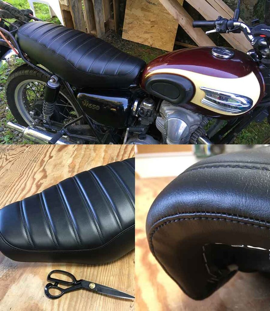 Siège de moto rénové par notre atelier de sellerie à Cherbourg